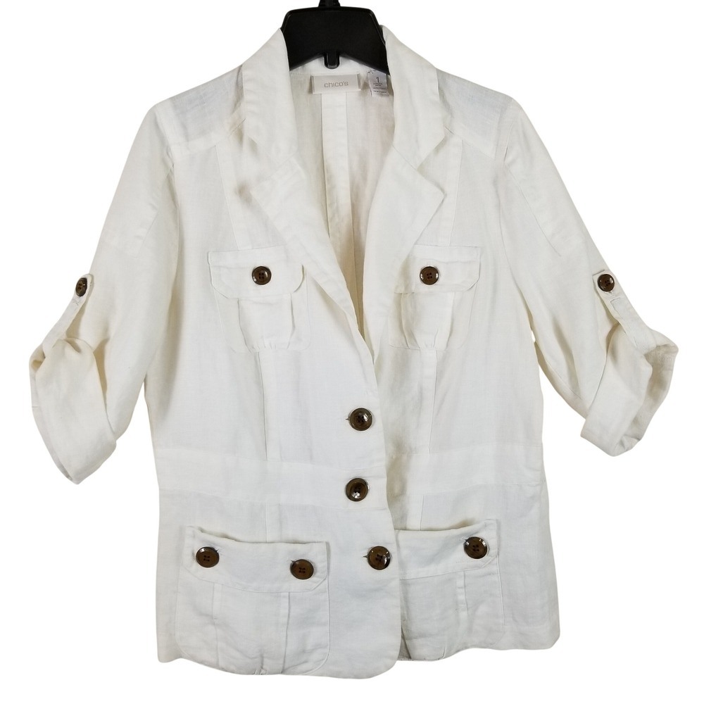 Chicos White 100% Linen Utility Safari Jacket Roll Tab Sleeve Size 1 M RN 79984